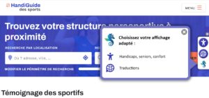 Copie d'écran du site Handisport avec une fenêtre modale qui masque une partie importante du contenu